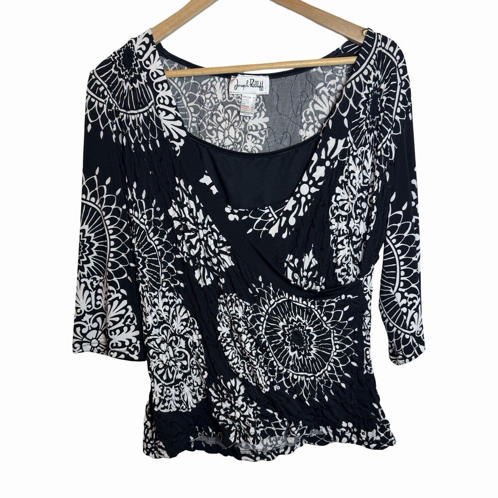 Joseph Ribkoff 2 piece Top Set Women's Size 16 Black White Floral Sequins Ruched